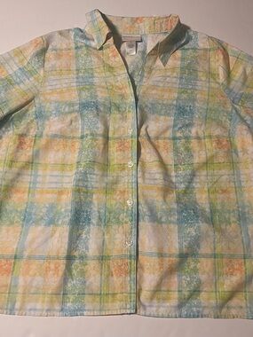 Alfred Dunner Pastel Plaid Button-Down Shirt - Blue, Yellow, Green, Peach